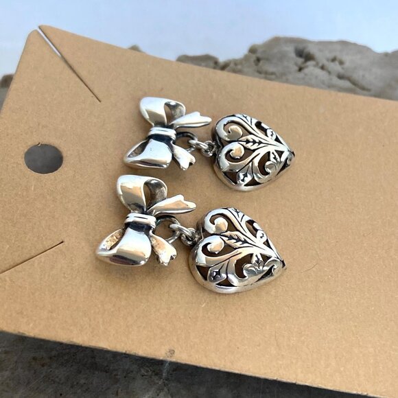 VTG Sterling Silver 925 1" Pierced Scrollwork Heart Dangle Bow Stud Earrings - Picture 5 of 16